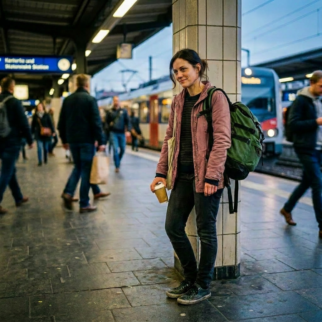 Woman leaning against a pillar at crowded train station platform holding a coffee cup