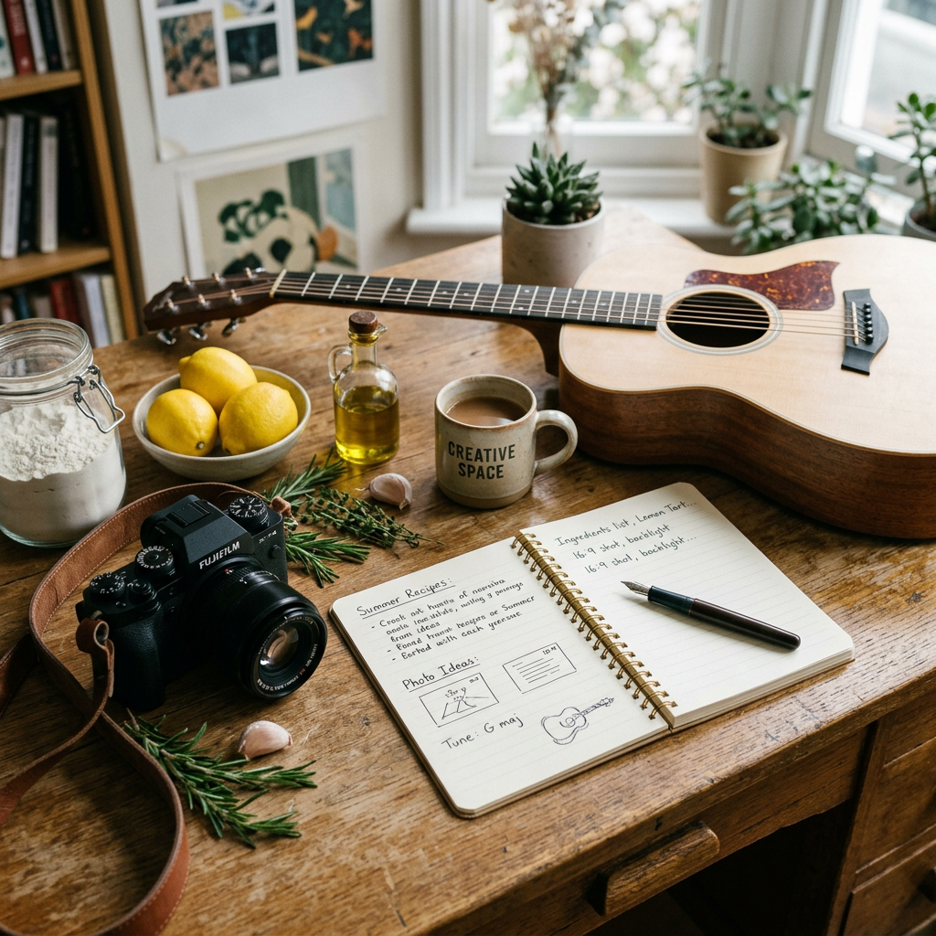 Guitar, camera, notebook, cup, lemons, herbs, and oil on wooden table by window