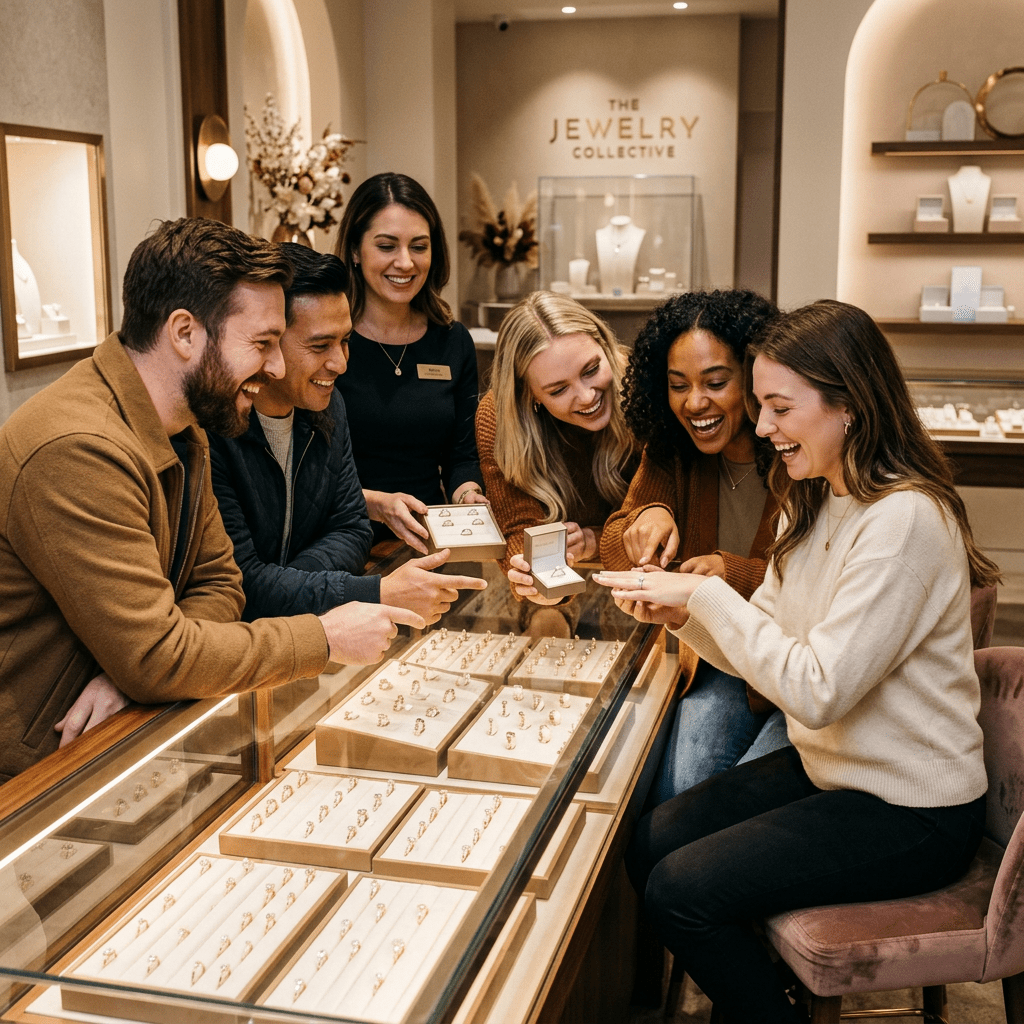Group of friends and sales associate looking at rings at jewelry counter