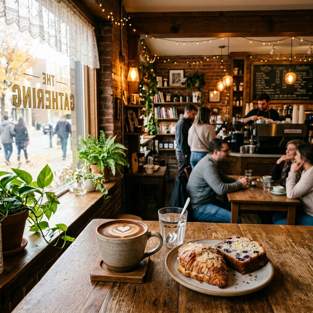 Coffee cup with latte art, glass of water, almond croissant, and blueberry muffin on table in cozy café