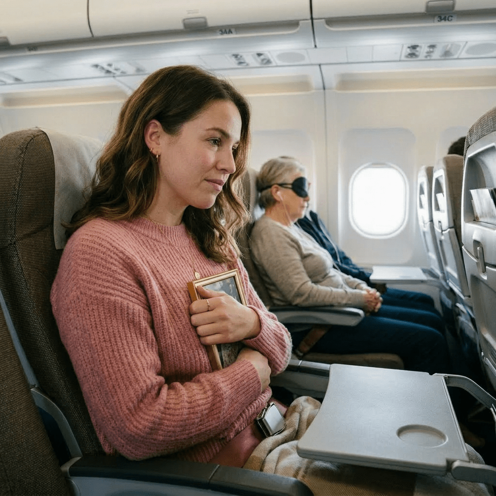 Woman holding a framed photo of an elderly lady inside an airplane