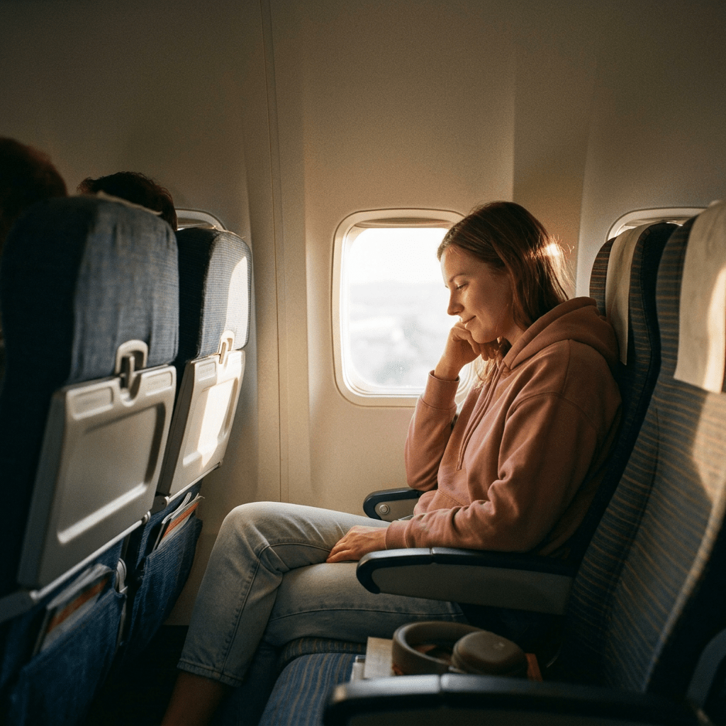 Woman sitting by airplane window seat with eyes closed