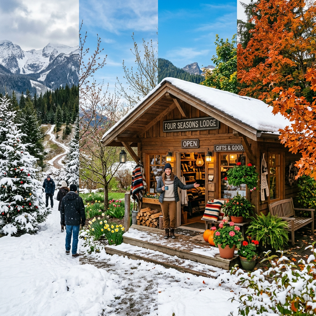 Four Seasons Lodge with snow, spring flowers, summer greenery, and autumn leaves in one scene