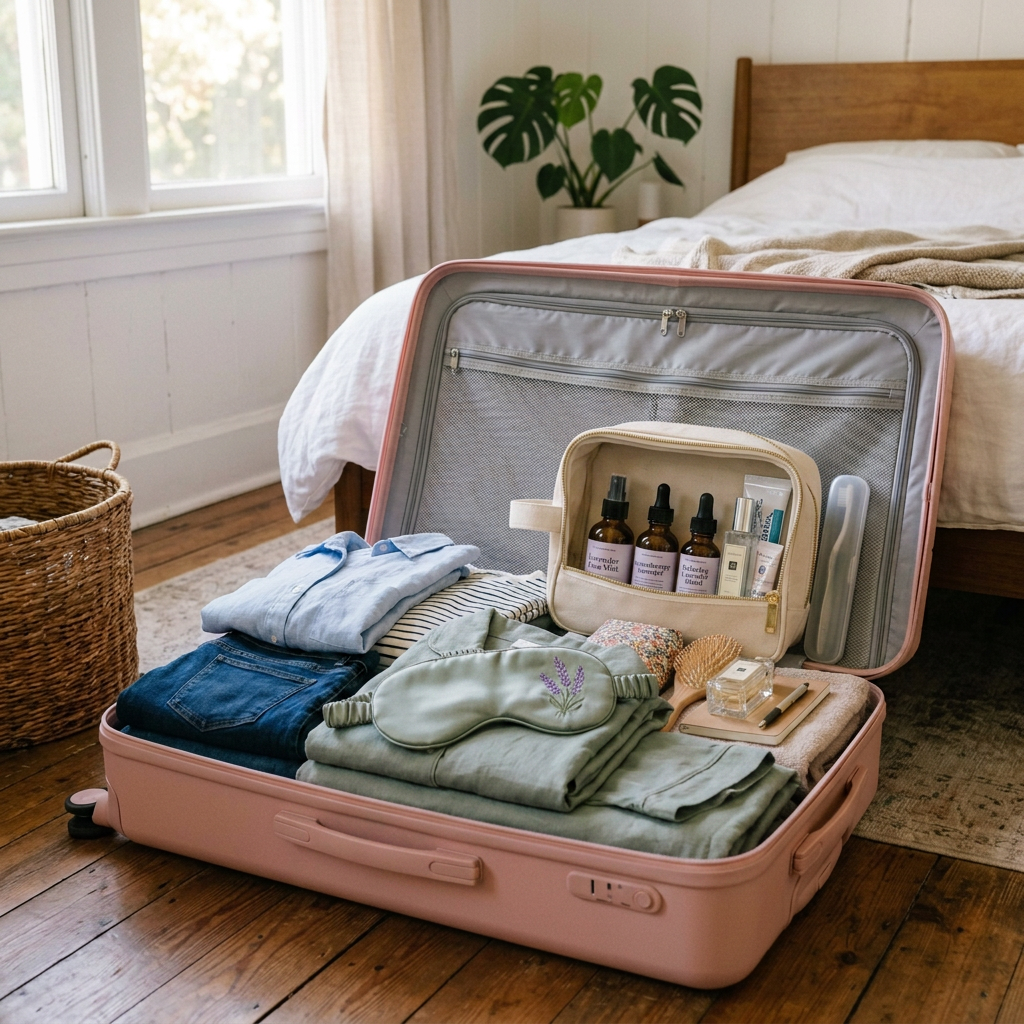 Open pink suitcase with folded clothes, toiletries bag, hairbrush, and perfume