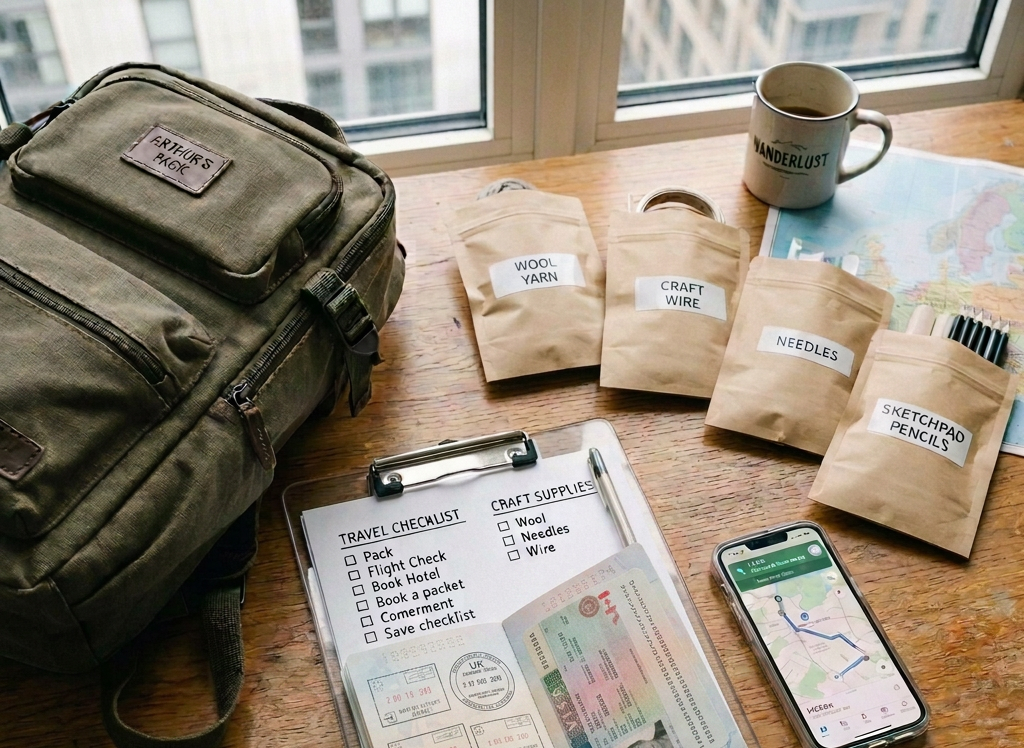 Travel items organized on a table with passport, itinerary, tech cables, toiletries, currency holder, smartphone with map, backpack, and coffee mug
