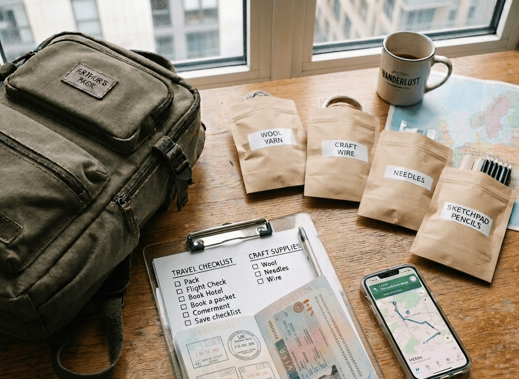 Travel items organized on a table with passport, itinerary, tech cables, toiletries, currency holder, smartphone with map, backpack, and coffee mug