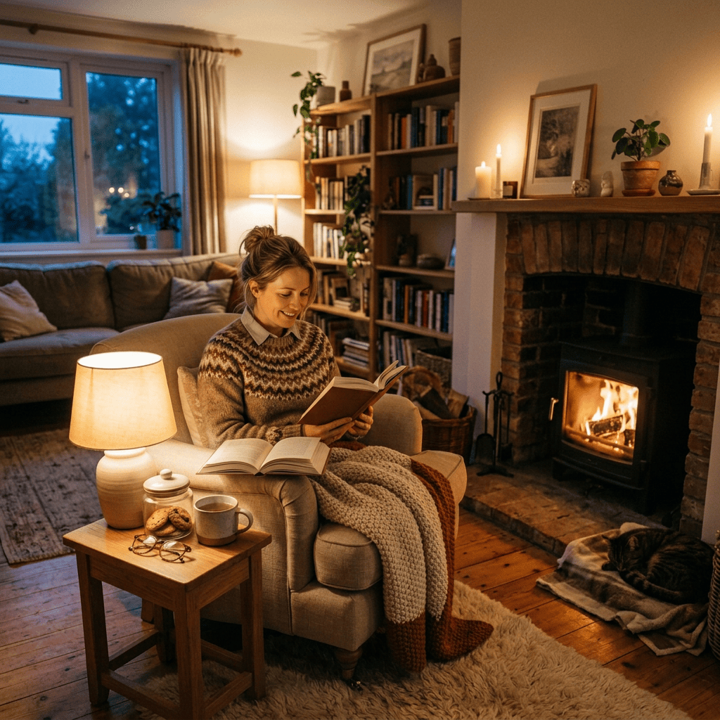 Cozy living room with armchair, open book, fireplace, and sleeping cat