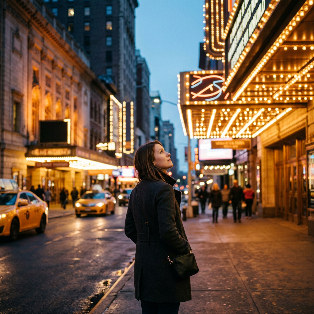 Woman looking up beneath illuminated theater marquees on a busy city street